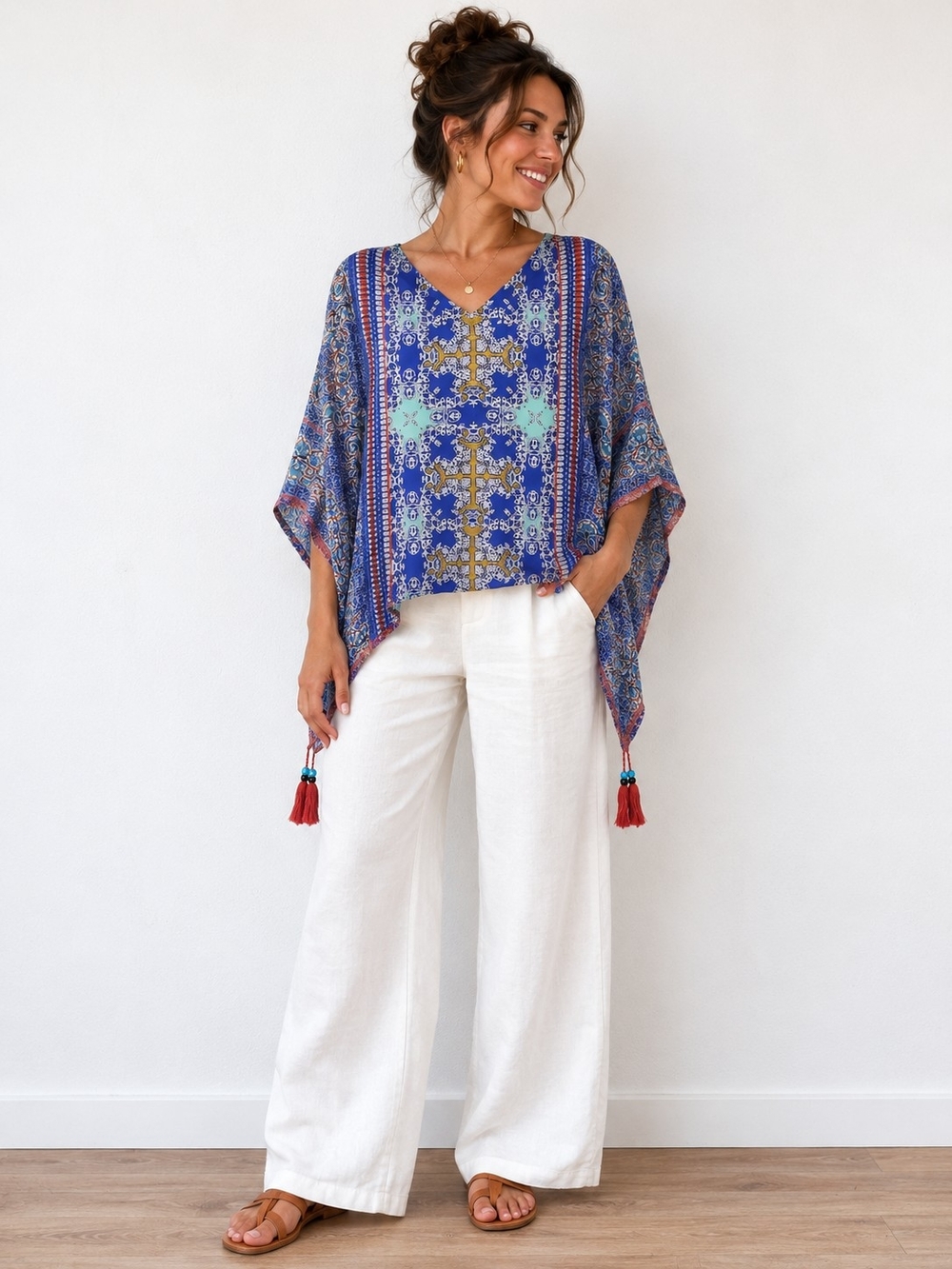 Boho Blue Paisley Kimono Top – Red Tassel Trim –
